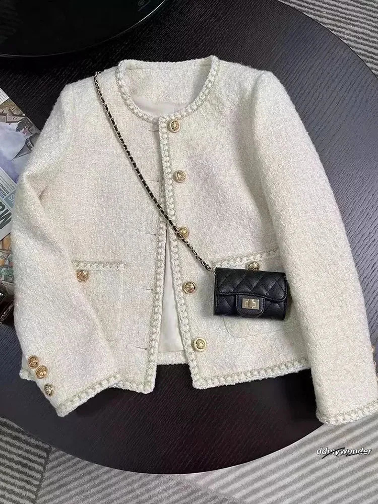 Jmprs Chic White Tweed Jackets Women Korean Long Sleeve Sweet Coat Fashion O Neck Elegant Casual Female All Match Outwear Tops 240821