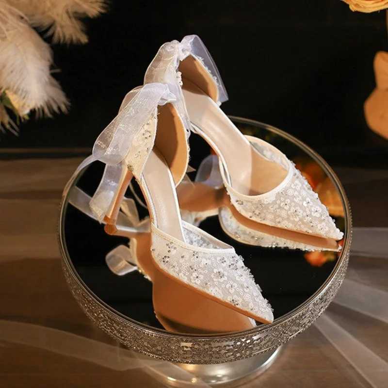 French Style White Wedding Shoes Senior Sense Wrapped Head Sandals WomenS Summer Lace Mesh Hollow High Heels Bride Single Shoes W250910