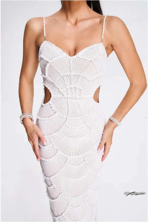Hot Sale Women Sleeveless Sexy Strap Pearl Beading Sequins Bodycon Long Dress Celebrate Evening Party Birthday Outfit Vestido