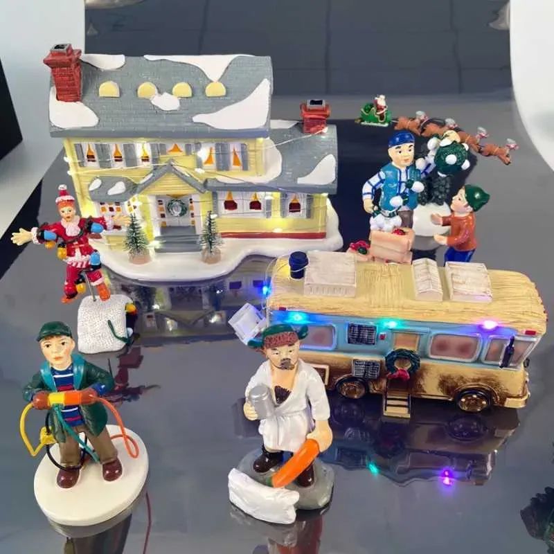 Decorations Brightly Lit Building Christmas Santa Claus Car House Village Holiday Garage Decoration Griswold Villa Home Desktop Figurines 829