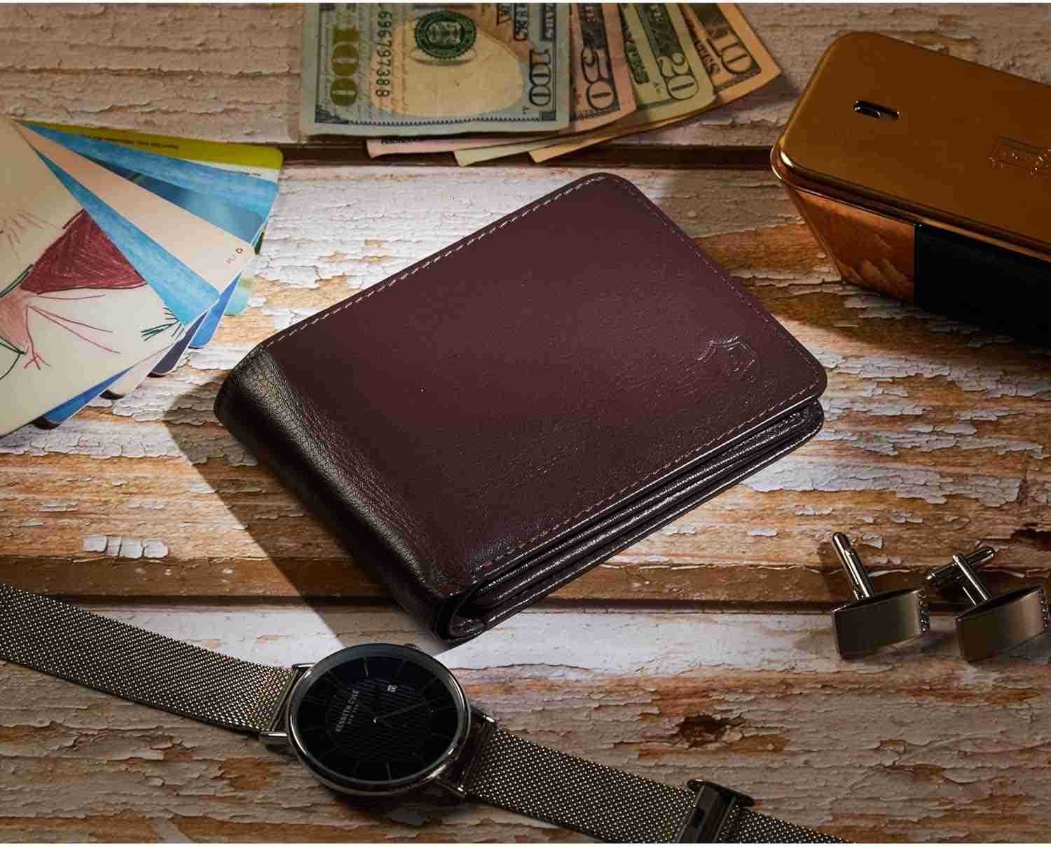 Mens Wallet Real Leather Bifold RFID Blocking High Capacity Card Case with 2 ID Window in Gift Box Crazy Horse BlackZ250910