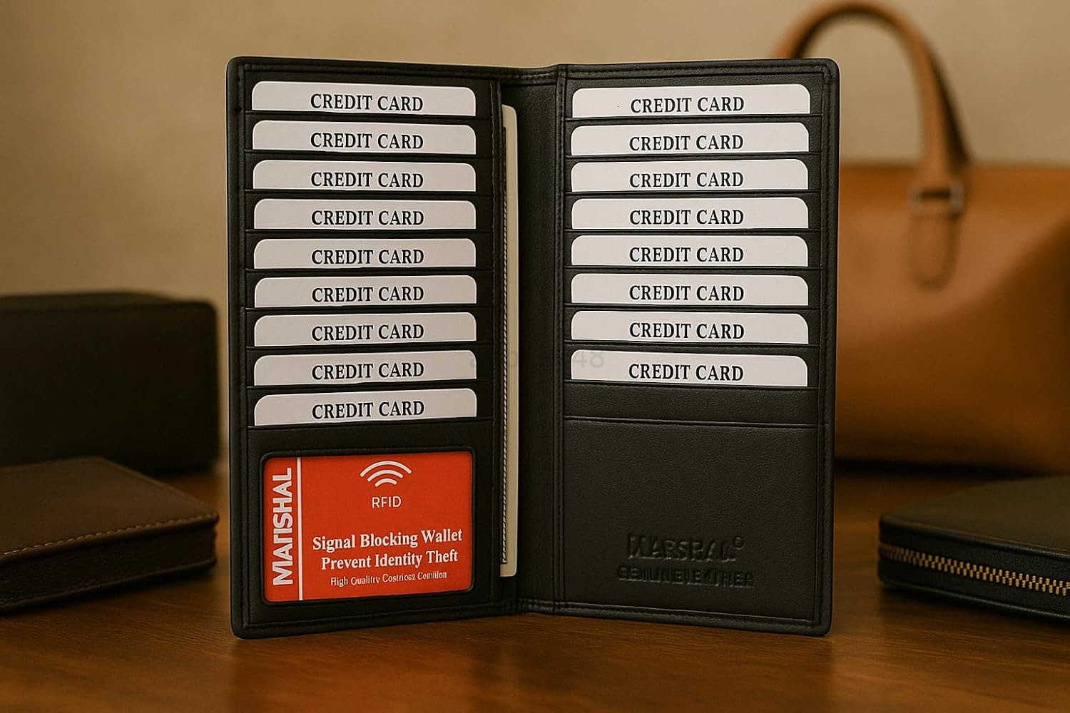Bifold Leather RFID Blocking Wallet For Men Women Genuine Leather Holder With 19 Slots 2 Bill Compartments ID Window For CreditDebit Cards Money More 