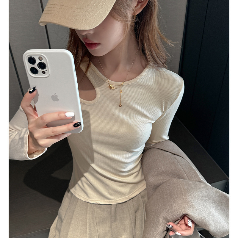 2025 early autumn new regular shoulder long sleeved women's basic design shirt for wearing inside and outside, sexy hollow out high-end slim fit 