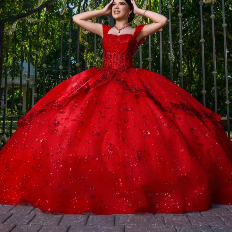Red Shiny Quinceanera Dresses Ball Gown Off The Shoulder Sequin Applique Lace Beads Tiered Tull Sweet 16 Dress Vestidos 15 De Anos