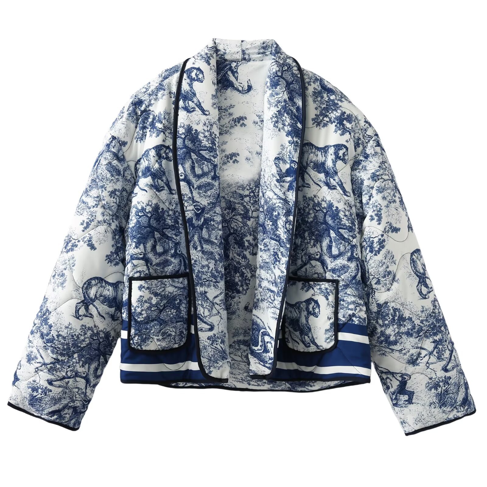 Women's Retro Print Contrast Jacket Coat Lapel Long Sleeve Double Pocket Casual Cardigan Fall Winter Female Chic Overcoat