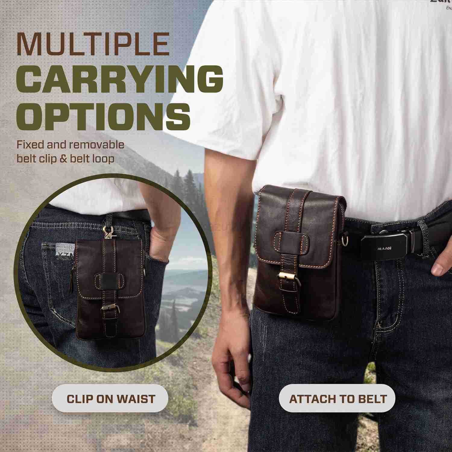 Genuine Leather Phone Pouch for Belt Small Men Bag Crossbody Purse Cell Phone Holster Holder Case with Belt Clip Fits for iPhone 16 Pro Max 15 Pro Max