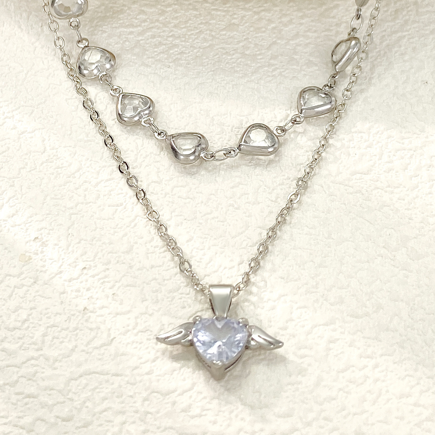 New Heart Wings Necklace For Women Ins Cool Style Creative Design Heart-Shaped Stacked Collarbone Chain