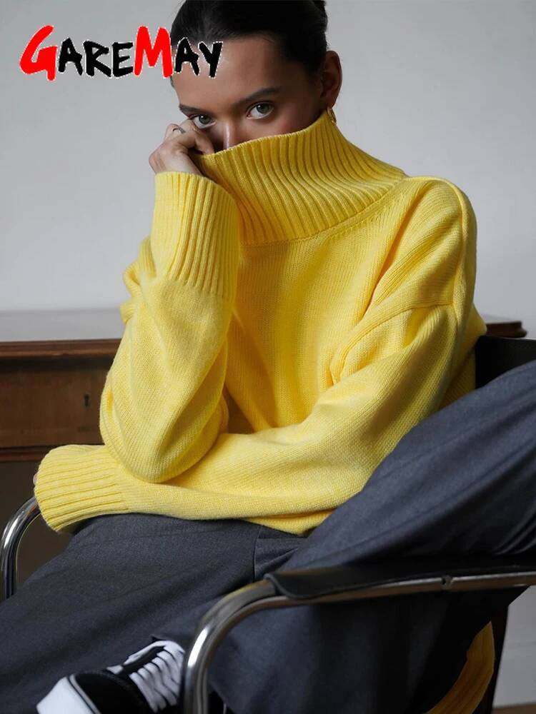 Autumn Women's Knitted Sweater Oversize High Collar Yellow Pullover Soft Winter Warm Vintage Red Sweaters for Women dongdumaoyi
