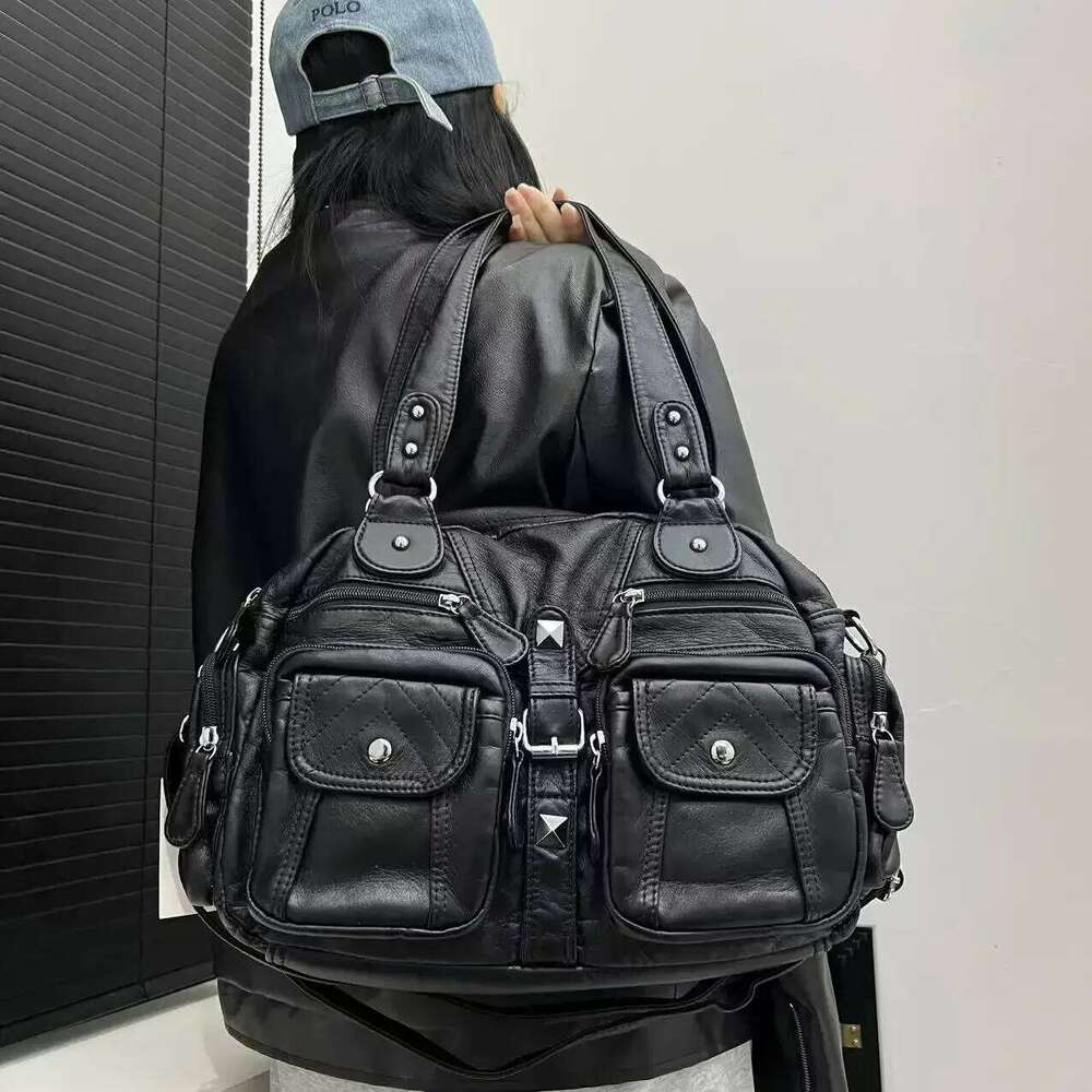 Ladies' Fashionable Retro Vintage Hot Girl Motorcycle Tote With Large Capacity Y2k Washed Vegan Leather Shoulder Bag