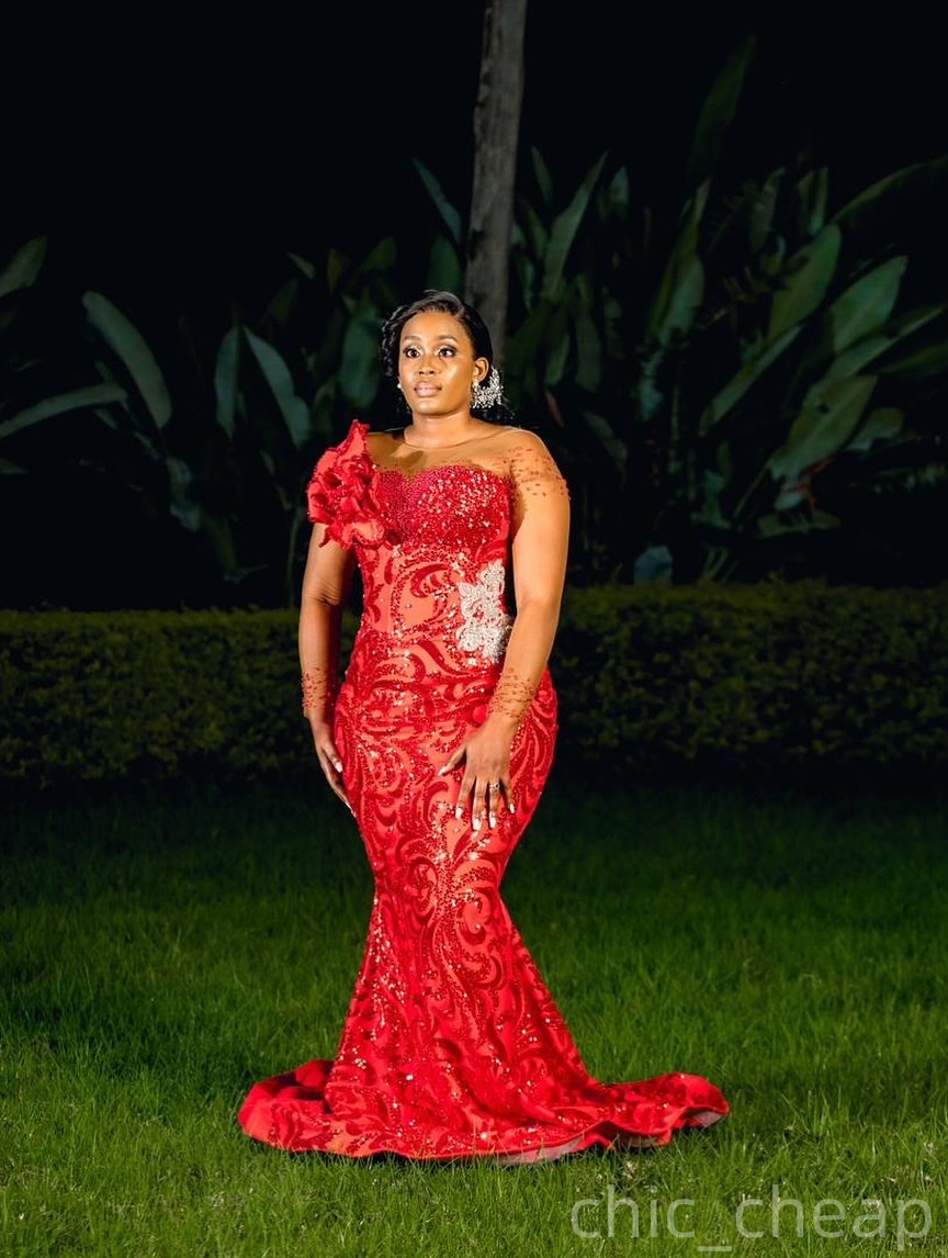 Mermaid Red Prom Dresses 2025 Full Sleeves Beaded Flowers Sequined Lace Evening Formal Party Second Birthday Engagement Gowns Plus Size Dress For Spec