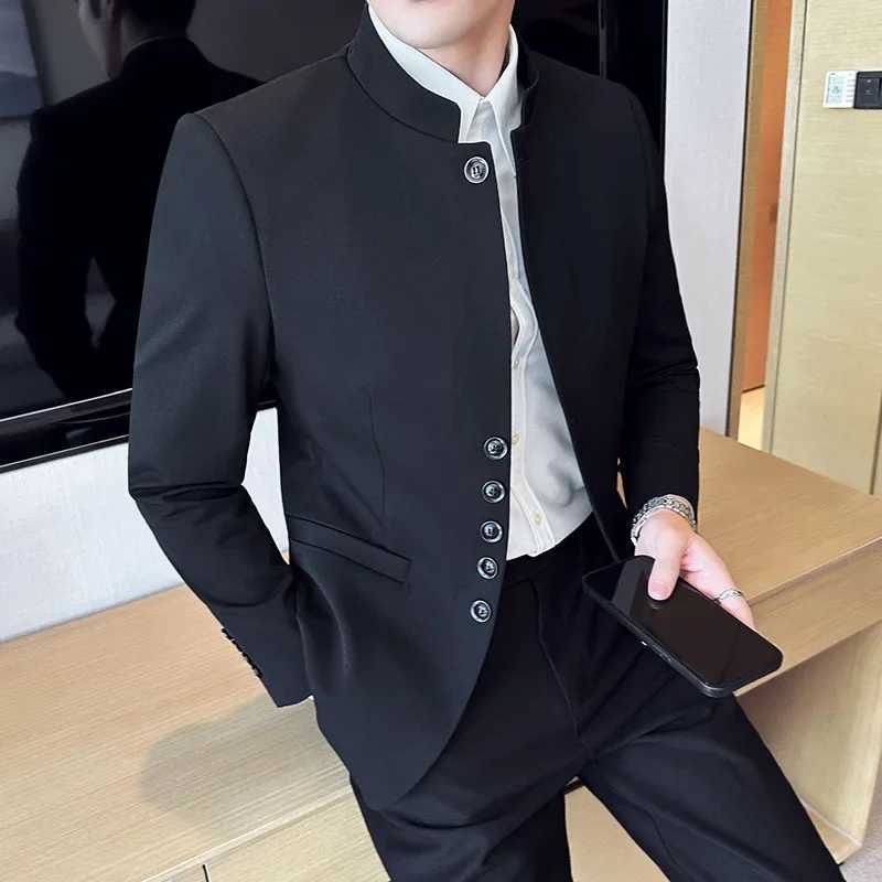 Highquality New Chinese Style Mens Suit Standing Collar Slim Fit ClassicBlazerPantsSolid Color Black 2 Pcs Wedding Dress W250910