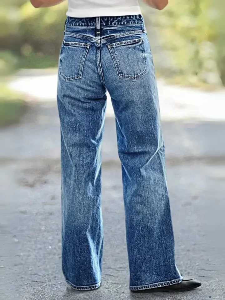 HMEWomens straightleg highwaisted loosefit buckle wash denim jeans retro style loose straightleg fit highquality Z250910