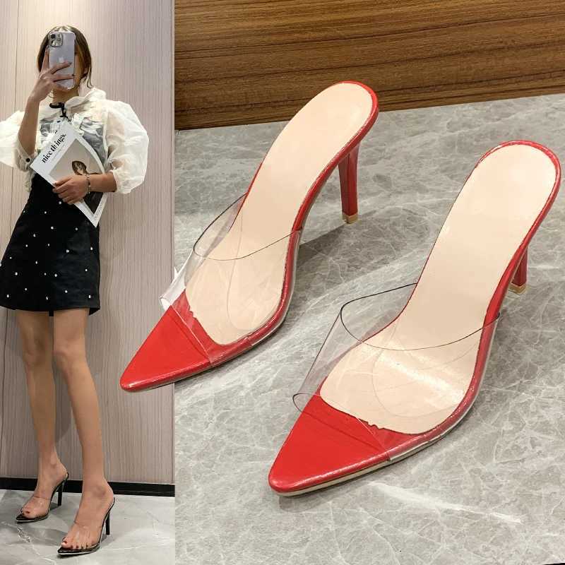 Trendy Sexy Heeled Ladies Pointed Open Toe Slip on Party Stiletto High Heel Clear Mule Slides Woman Nude Transparent Shoes W250910