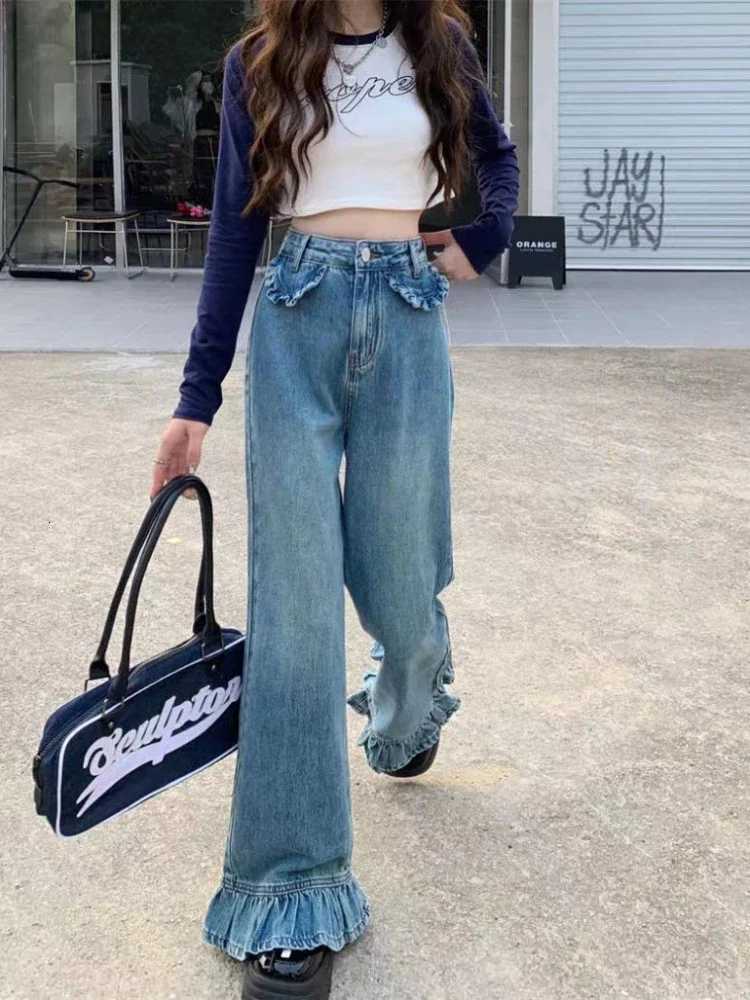 Ruffle Jeans Women Vintage American Style High Street Loose Hipster Y2k Denim Trousers Allmatch Flare Mopping Spring College Z250910