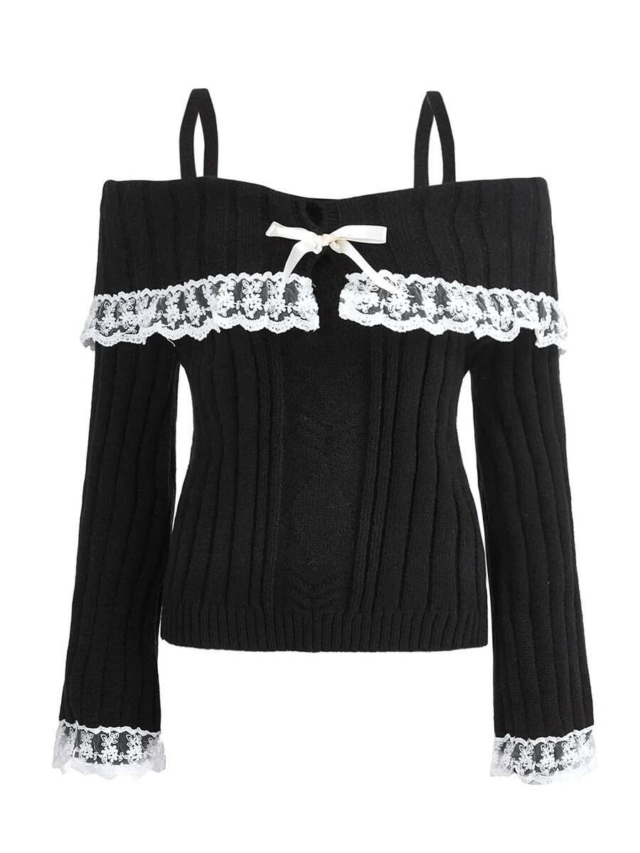 Women's Cold Shoulder Sweaters Long Sleeve Lace Trim Knit Pullovers Bow Front Jumpers Tops Fall Winter Y2K Clothes dongdumaoyi