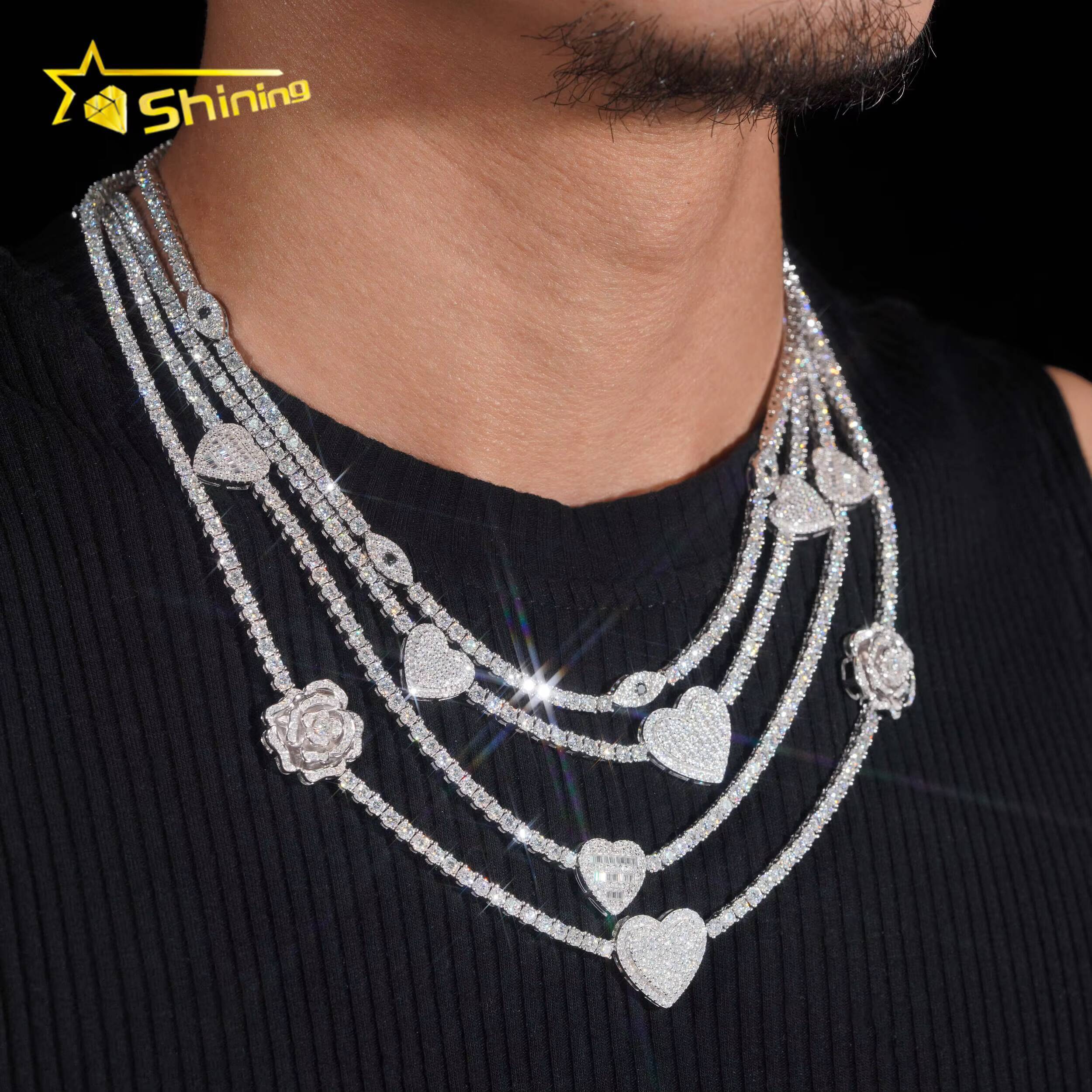 Iced Out Bling Vvs1 D Color Moissanite Diamond Tennis Chain Necklace With Heart Rose Eye Charms