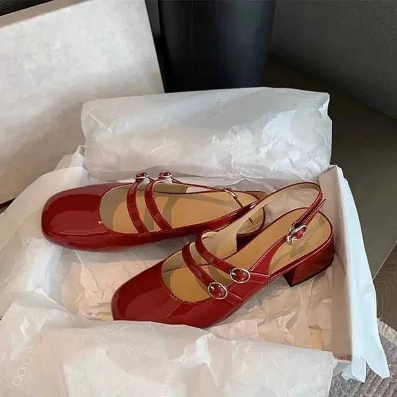 2025 Burgundy Mary Janes SquareToe DoubleBuckle Patent Leather Chunky Heel Shoes with Jean Styling W250910