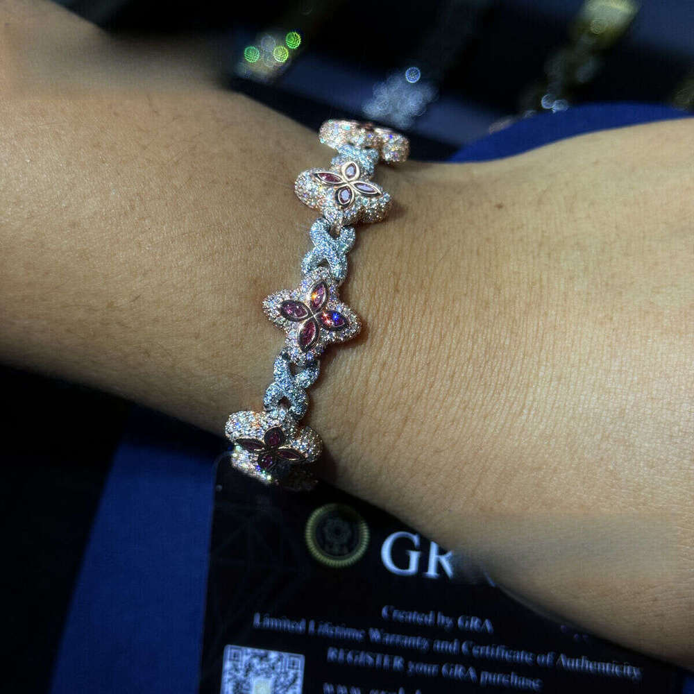 New Arrivals Fashion Jewelry Sterling Sier Vvs Pink Color Moissanite Dia Four Leaf Clover Cuban Link Tennis Bracelet
