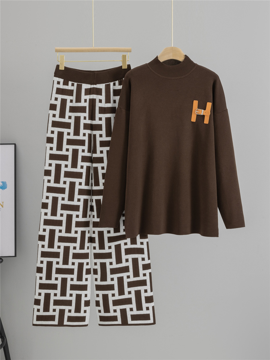Women's Half High Neck Knit Sweater Set - Casual Wide Leg Pants Two-Piece Outfit