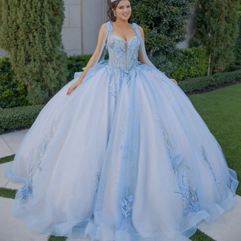 Blue Shiny Quinceanera Dresses Ball Gown Off The Shoulder Applique Lace Beading Bow Tull Party Birthday Sweet 16 Dress Vestidos 15 De Anos