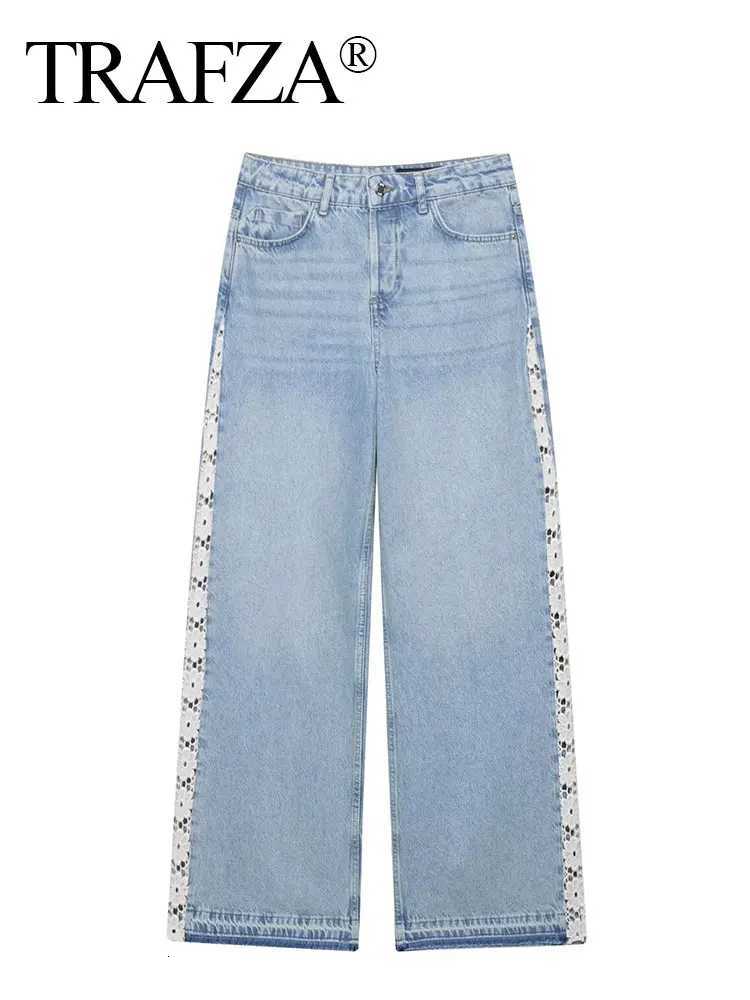 TRAFZA Womens Jean Lace Hollow Out Patchwork High Waist Denim Trouser Ladies Office Commute Streetwear Woman Wide Leg Long Pant Z250910