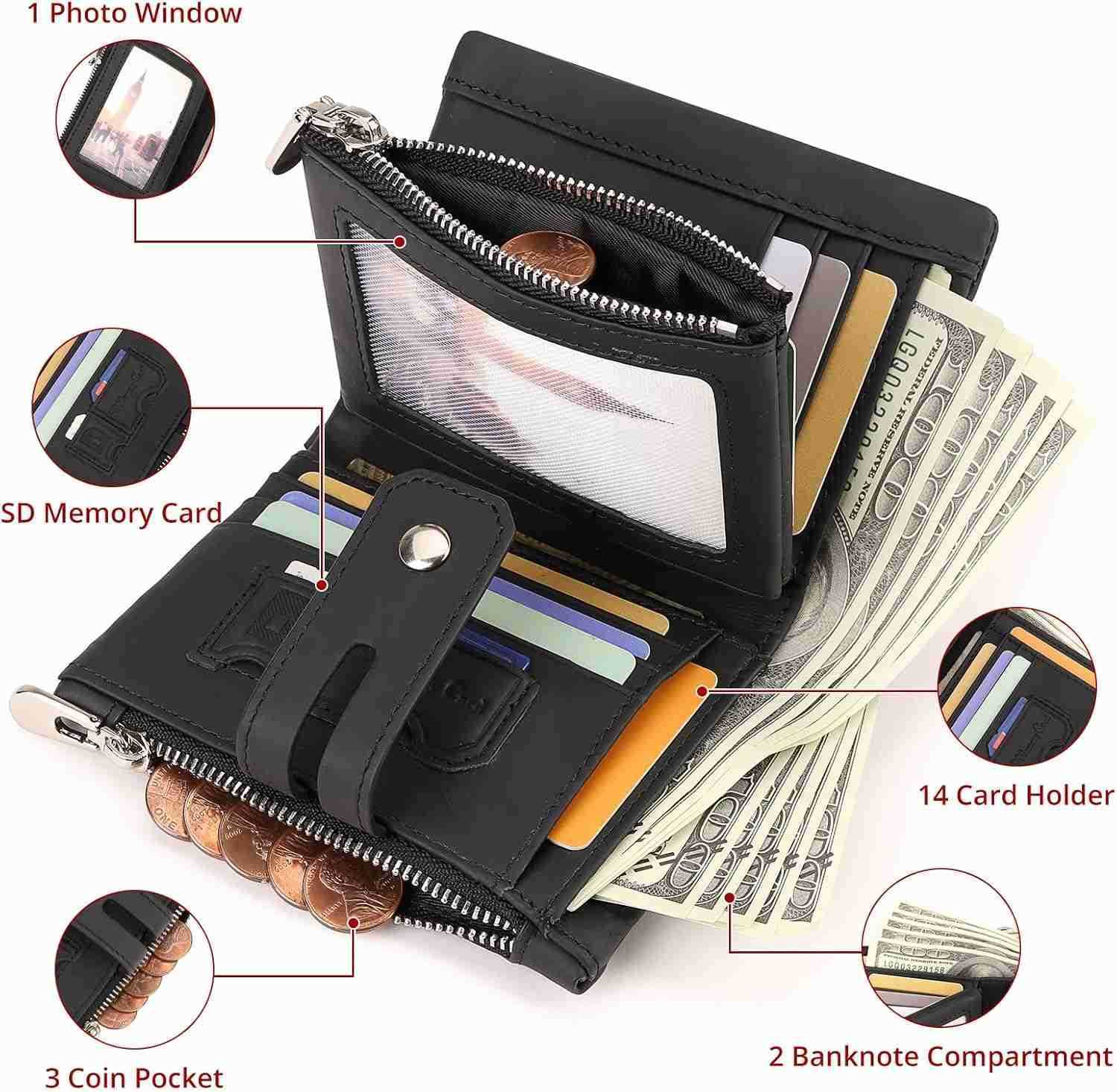 Mens Wallet with Chain RFID Blocking Genuine Leather Bifold Purse for Men with ID Window and Zip Coin PocketZ250910