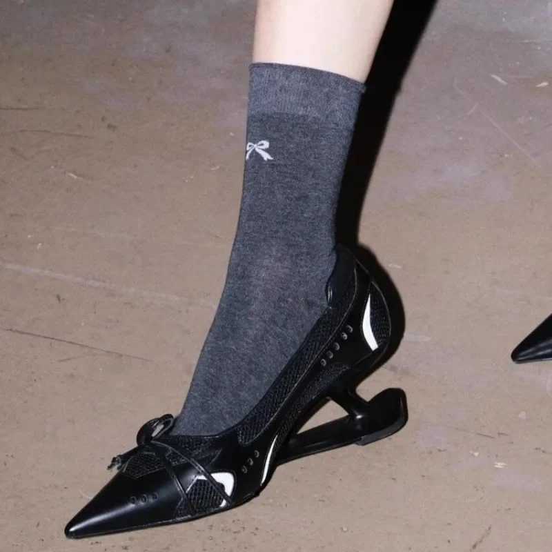 Big Size 43 Special Heel Spliced Heels Pointed Toe Heels Womens Fashion Shallow Mouth Bow NonSlip Mary Jane Single Shoes W250910