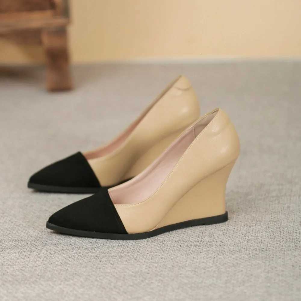 Women Leather Pointed Toe Wedges High Heel 5cm8cm Slip on Comfortable Soft Sole Work Shoes Wide Heels Women Pumps Women Shoes W250910