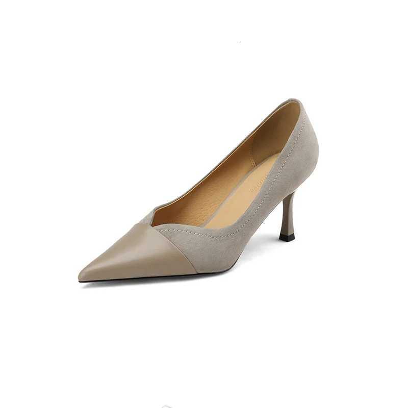 2023 New Stitching High Heels Womens Single Shoes Pointed Thin Temperament Hollowed Out Apricot Matching Shallow Mouth W250910