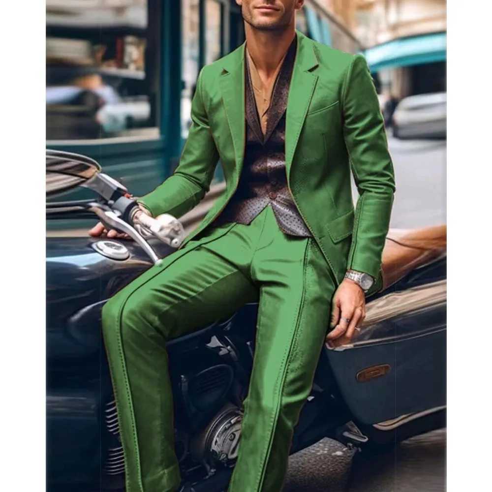 Casual Mens Blazer and Pants 2 Piece Set Lapel Long Sleeve PU Leather Jacket Men Business Casual Prom Suit Motorcycle Style W250910