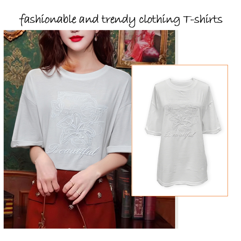 Women's T-Shirt Women's White Short - Sleeve T - Shirt with Exquisite Floral Embroidery and "Beautiful" Lettering, Casual Loose Fi