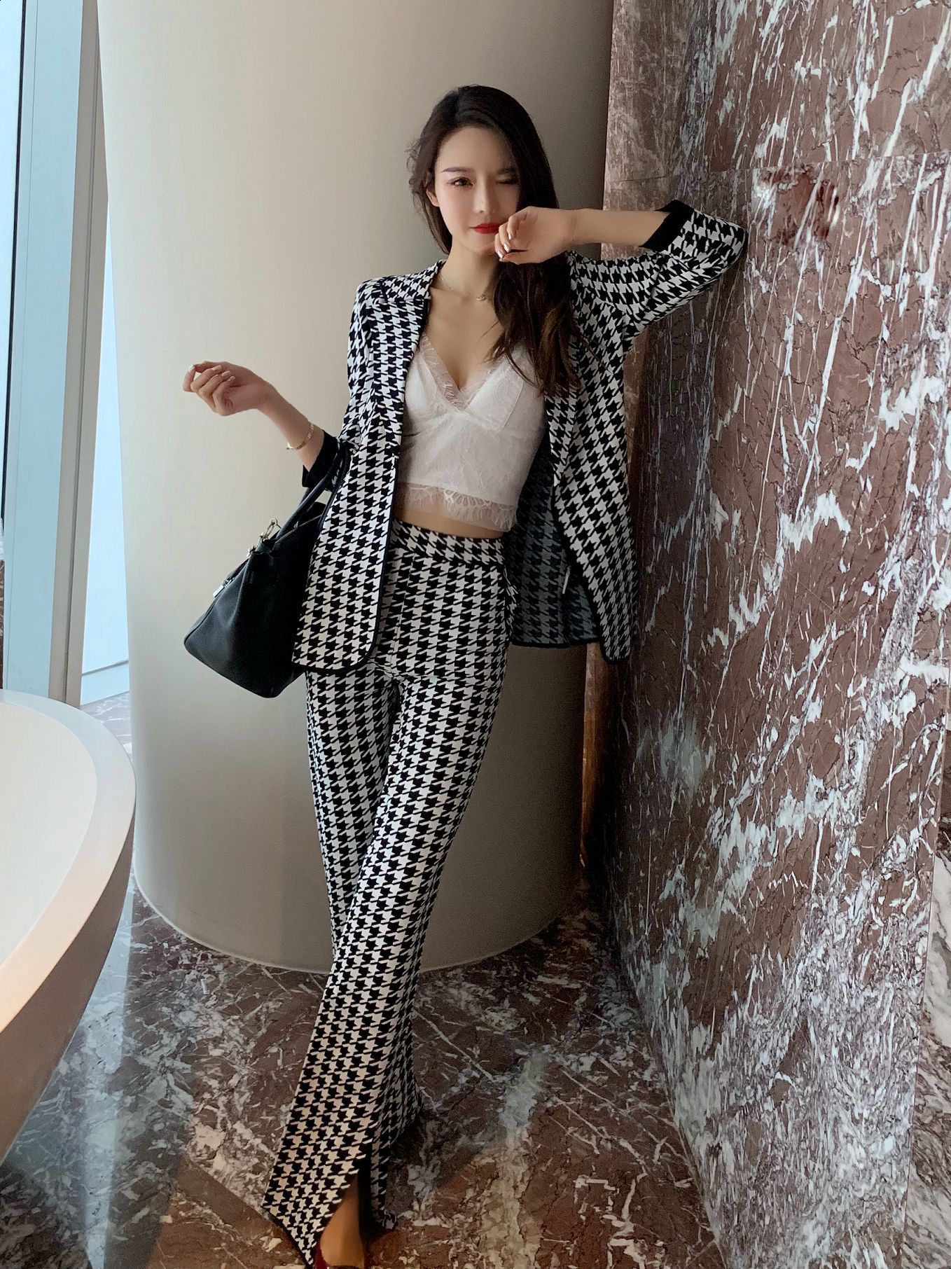 Houndstooth Women Long Sleeve Turn down Collar Jacket & long Pants Autumn Winter 2 Pieces Set for Women Outfits Lady Pants Sets LJ201126