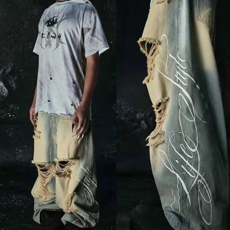 Y2K New Womens Loose Wash Old Ripped Jeans American Retro Streetwear Print Pattern Wideleg Jeans Hiphop Gothic Jeans Unisex Z250910