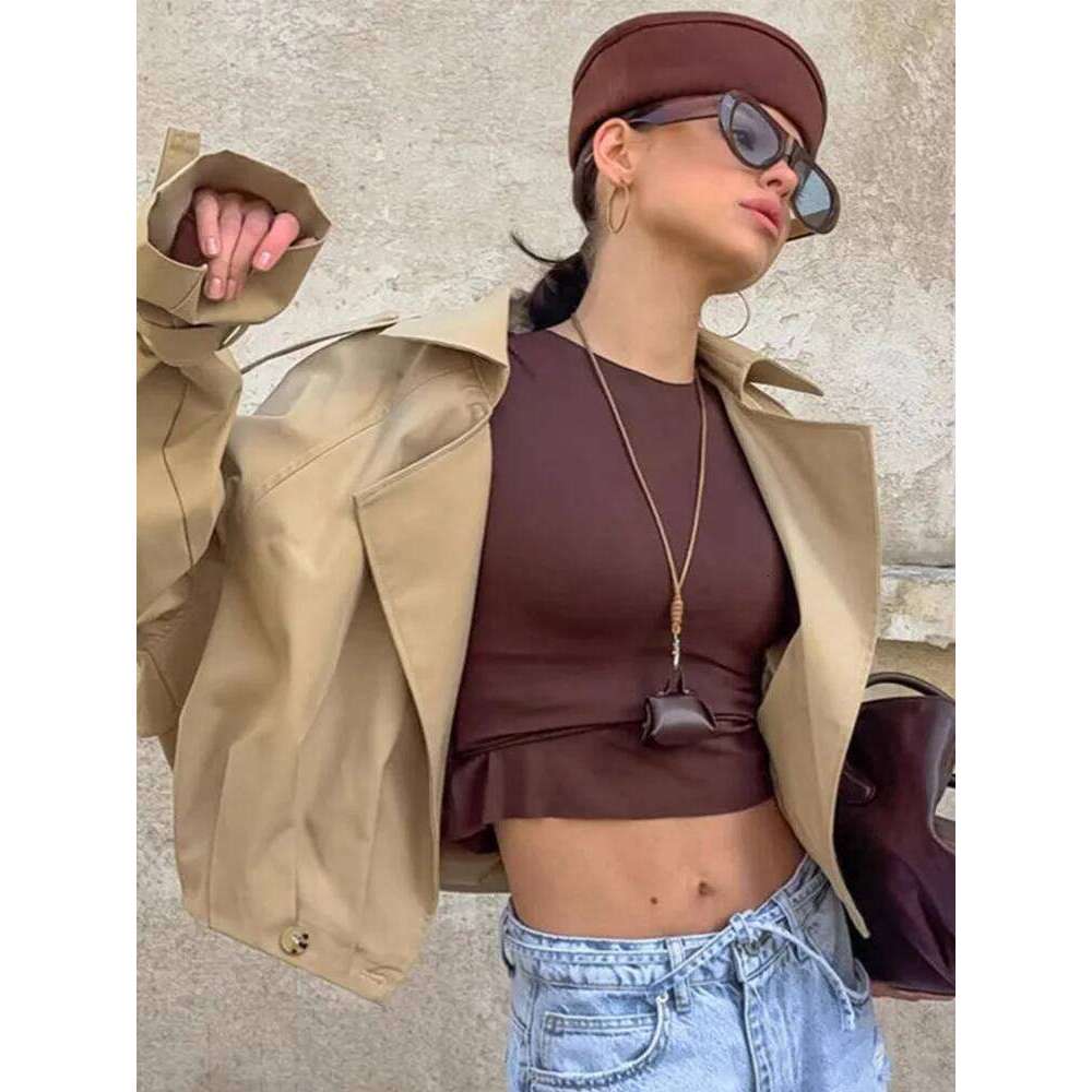 Designer Clothing 2025 Ladies Vintage Cropped Trench Spring Autumn Lapel Jacket Women Streetwear Single Breasted Long Sleeve Top Female Chic Coat Luxu
