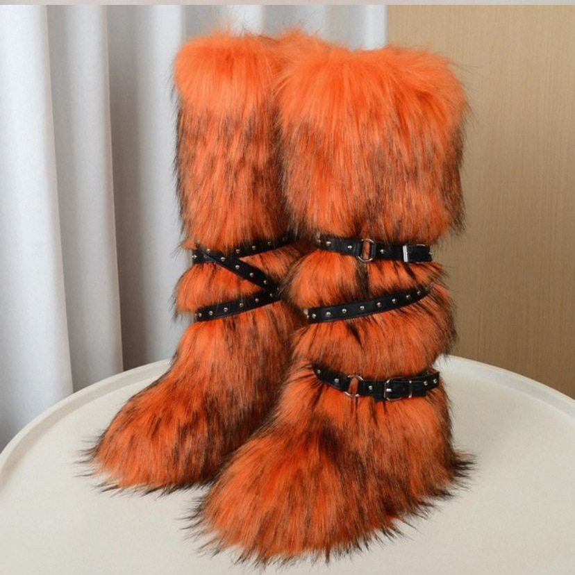Hot girl sexy 40cm high top snow boots 2025 new cross belt buckle fur long fur boots