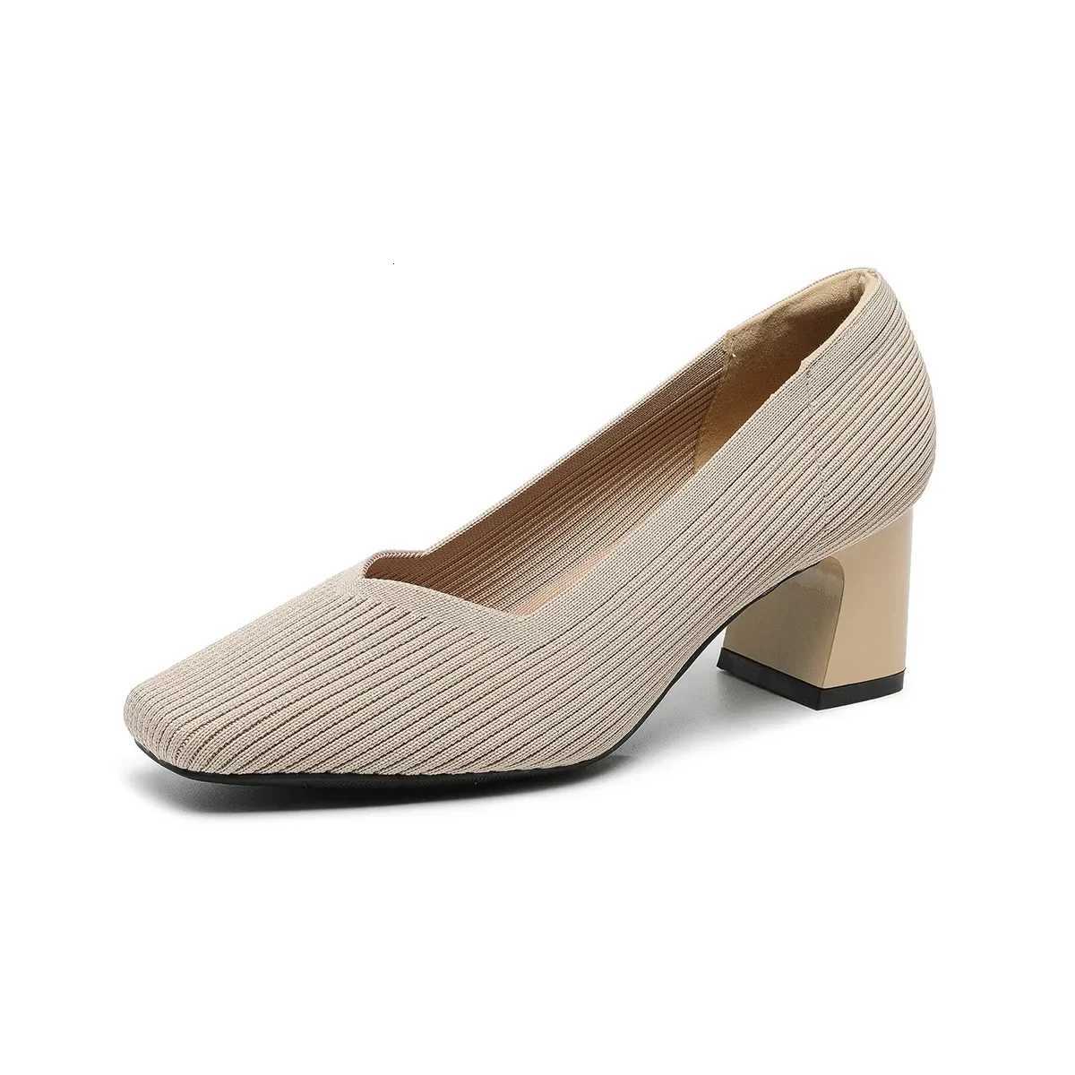 High Heels for Women 2025 New Square Head Vneck Solid Color Allmatch Single Shoes Slip on Breathable Knit Women Work Shoes W250910