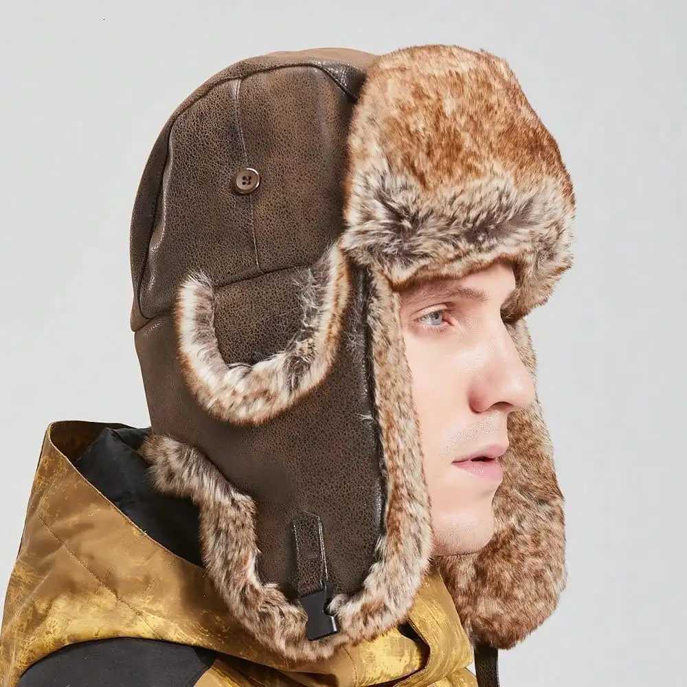1 Piece Men Women Winter Bomber Hats Russian Ushanka Hat with Ear Fl Pu Leather Faux Fur Trper C Snow Hunting Skiing CXJ250910