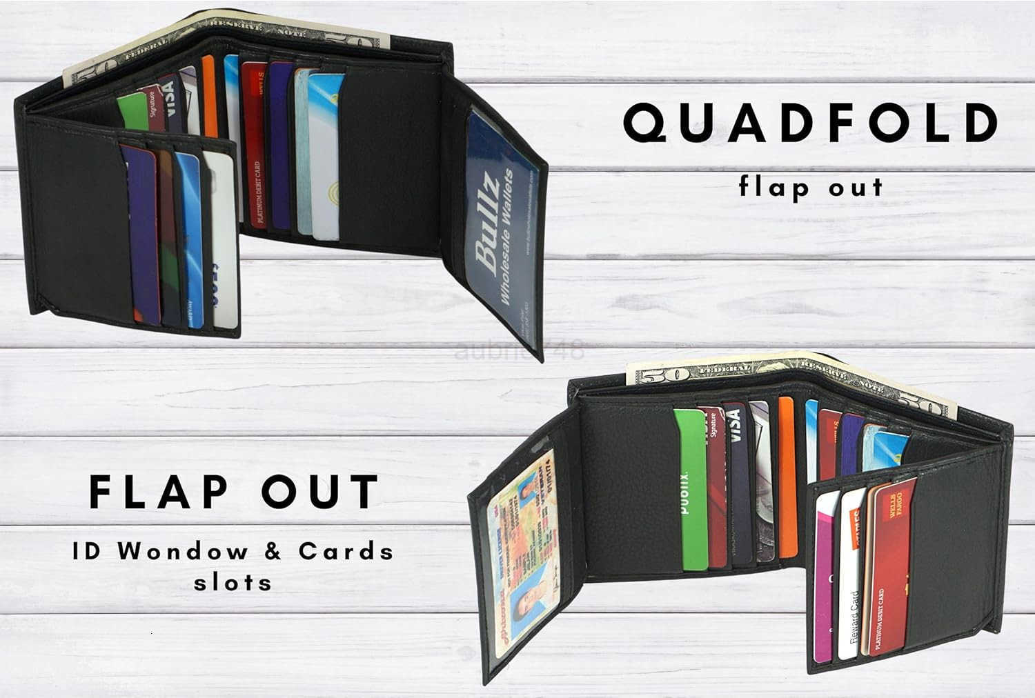 Genuine Nappa Cow Leather Thick Dual CARD ID Flap Quad Fold Large Bifold Mens Wallet Passcase RFIDZ250910