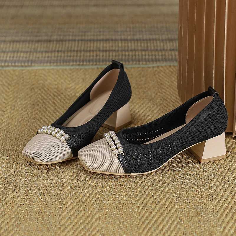 Womens shoes breathable hollow knit fashionable and beautiful bow tie beaded high heels for spring and autumn 20235cm high W250910