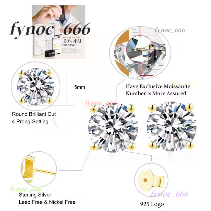 High Quality Moissanite 0.5CT Gold Plated 925 Sterling Silver Earring Vvs Moissanite Stud Earrings Men with Gra Certificate