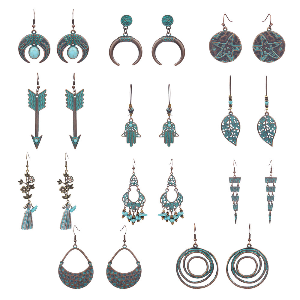 Bohemian Turquoise Tassel Earrings for Women Geometric Alloy Fringe Drop Earrings Retro Vintage Statement Jewelry