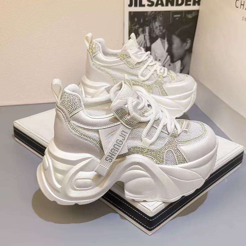 9CM Height-Increasing Shoes for Women, Thick Sole, Designer Shoe 2025 Summer New Small Size Mesh Breathable Rhinestone Sneakers