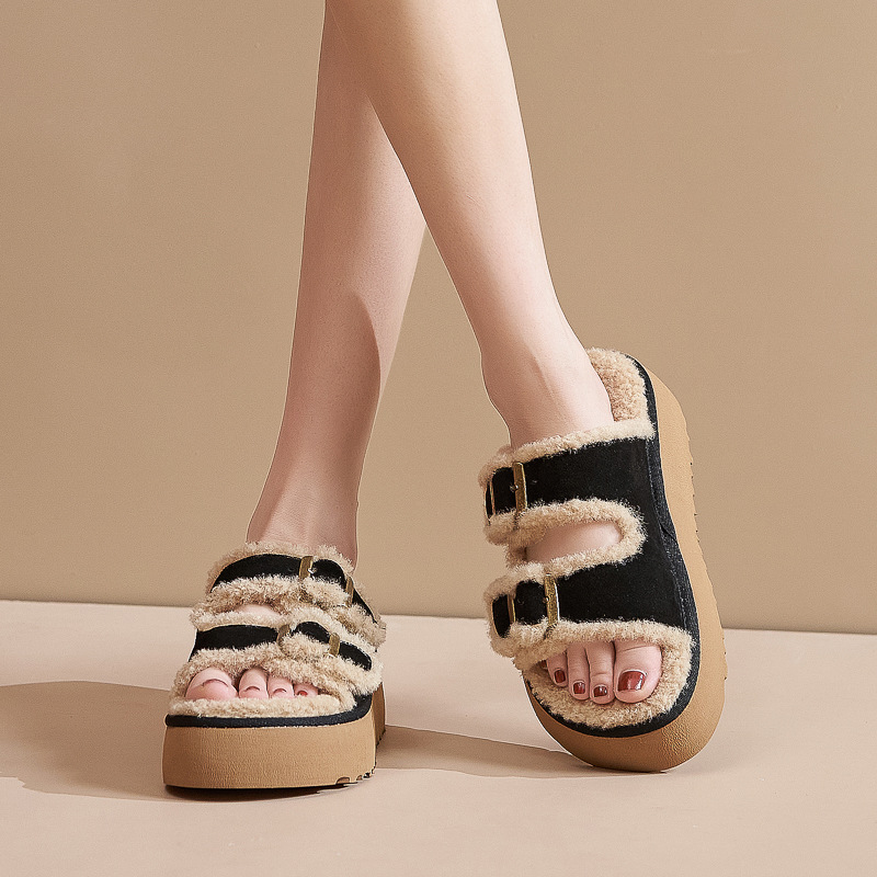 Women Designer Slippers Autumn Winter New Casual Fashion Anti slip Soft Bottom Furry Slippers 5cm platform shoes