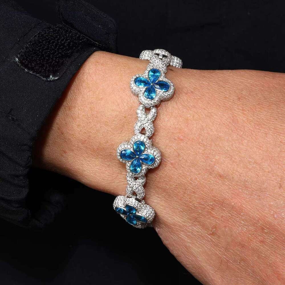 Fashion Mens Jewelry 17mm Sterling Sier VVS Moissanite Dia Colorful Iced Out Four Leaf Clover Infinity Link Bracelet