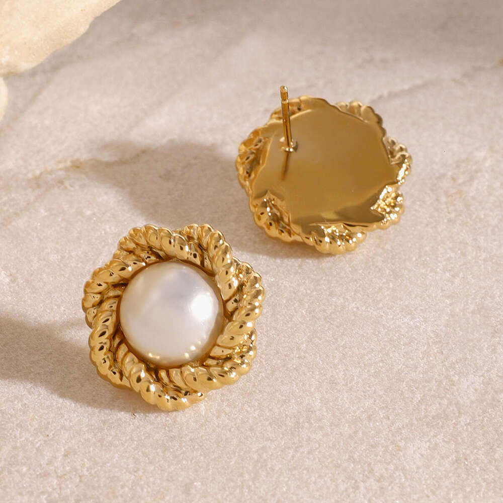 Jieding Stainless Steel Gold-Plated Flower Braided Texture Pearl Design Sense High-End Versatile Earrings