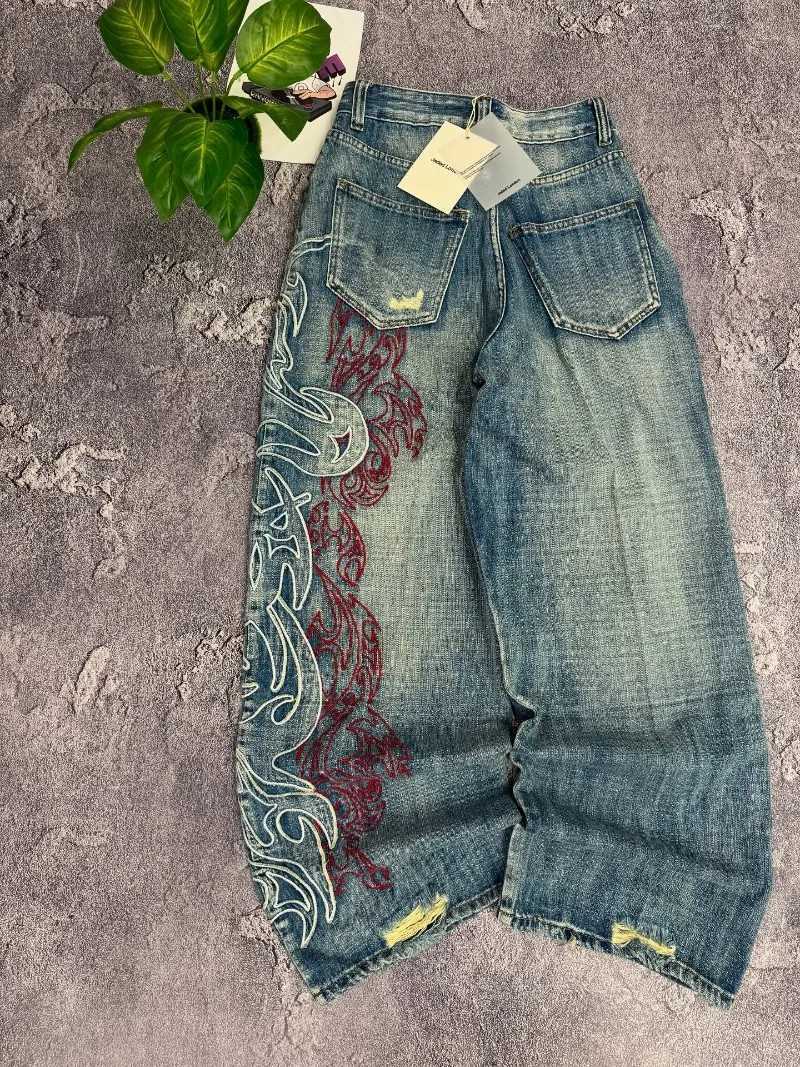 2025 American New Vintage Pop Pattern Embroidered Loose Jeans Women Y2K Fashion Gothic Straight Casual High Waist Wide Leg Pants Z250910