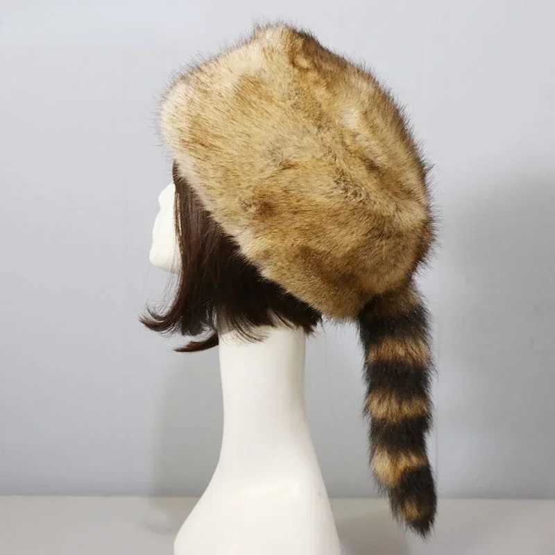 Imitation Fur Hat Round Flat Hat Autumn Winter New Raccoon Tail Fluffy Warm Ear Hats for WomenXJ250910