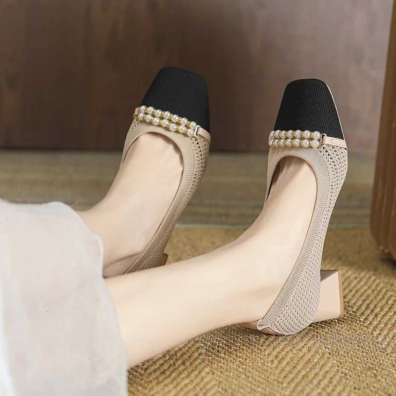 Womens shoes breathable hollow knit fashionable and beautiful bow tie beaded high heels for spring and autumn 20235cm high W250910