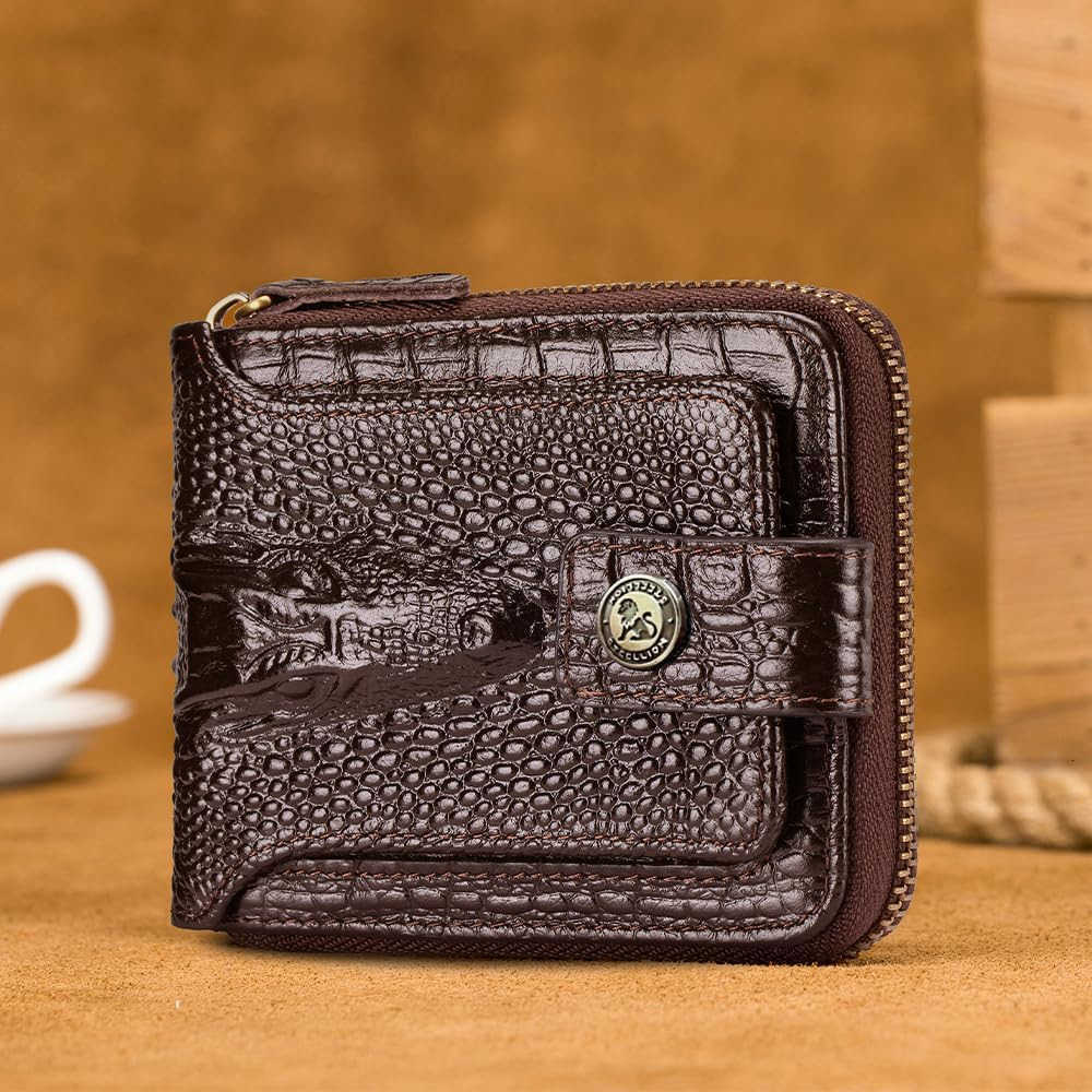 patterned wallet Genuine Leather Wallet for Men Large Capacity ID Window Card Case with Zip Coin Pocket CoffeeZ250910