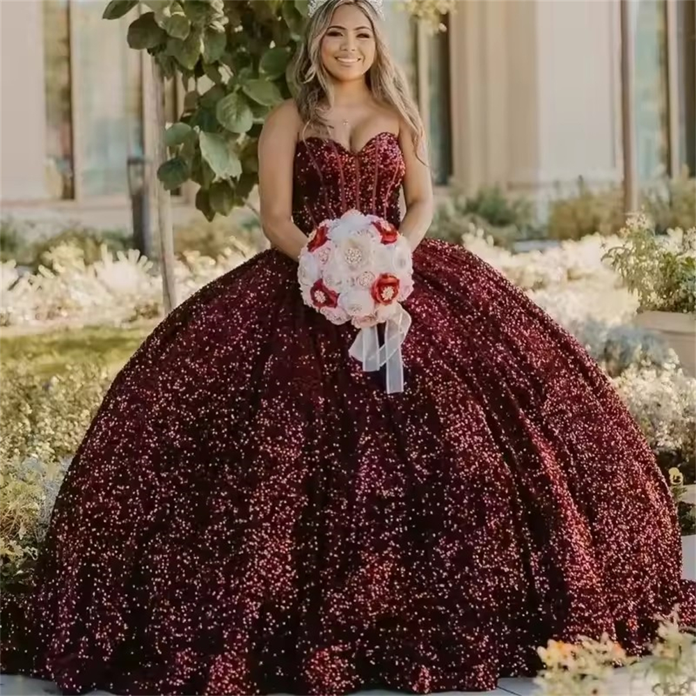Ball Gown Quinceanera Dresses Burgundy Glittering Sparkly Sequined Sweetheart Customized Sweet 15 16 Princess Birthday Party Gowns Vestidos De 15 Anos